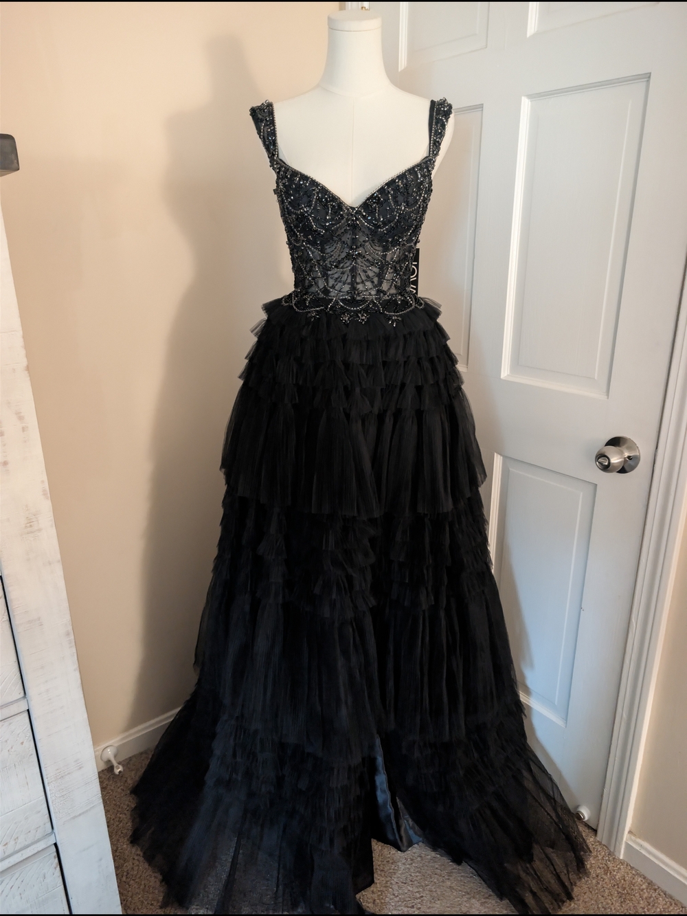 Jovani Black Beaded Corset Tulle Ruffled Ball Gown Prom Dress 0